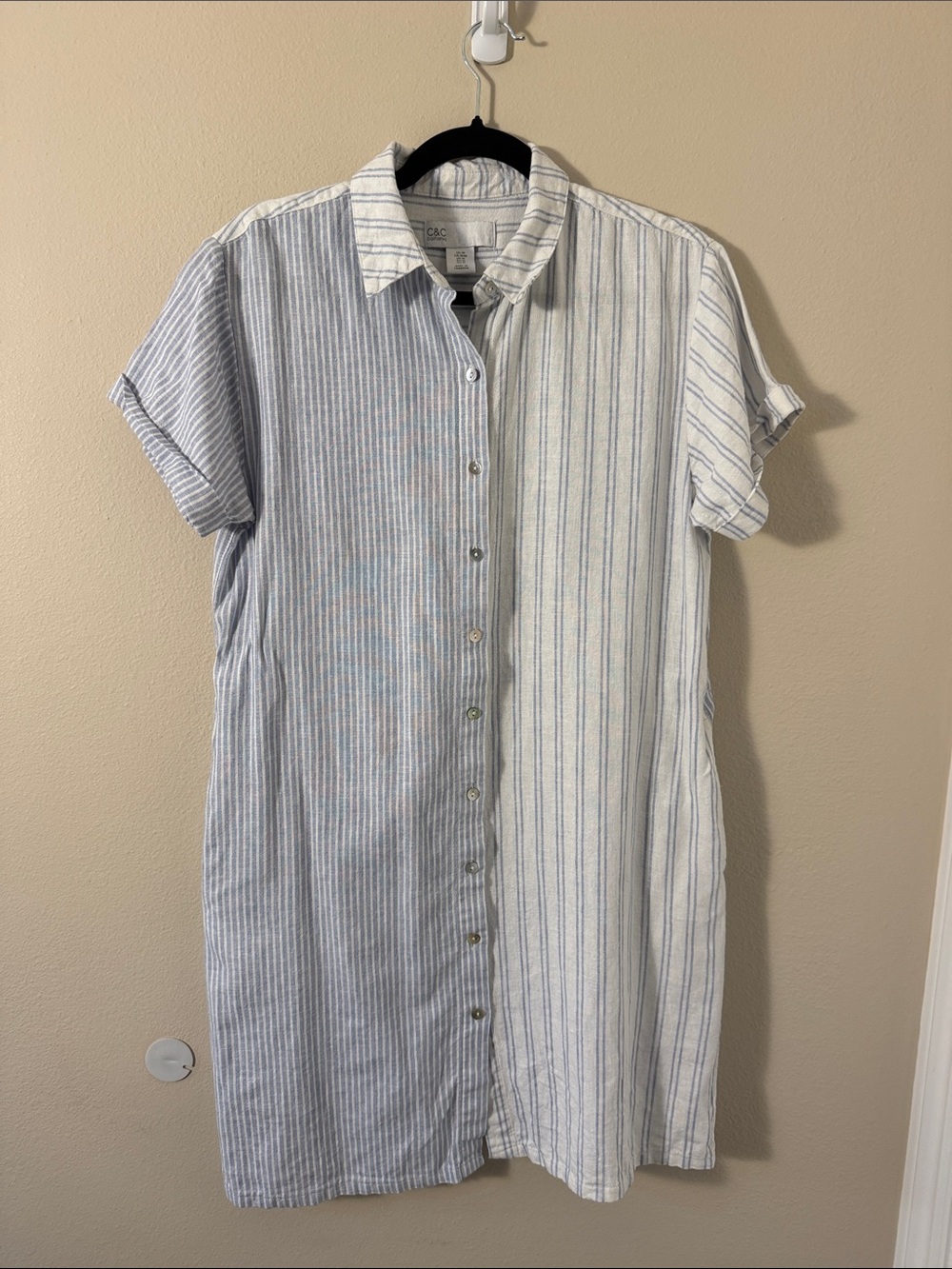 C&C California Blue White Striped Linen Blend Shirt Dress Size M